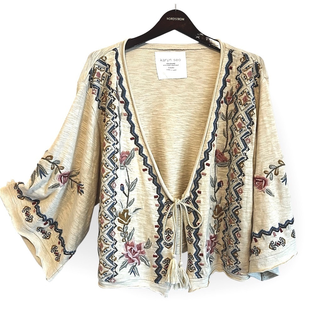 Karyn SEO Embroidered Beige kimono Cardigan Sweater, asymmetric oversized size S - Picture 2 of 15